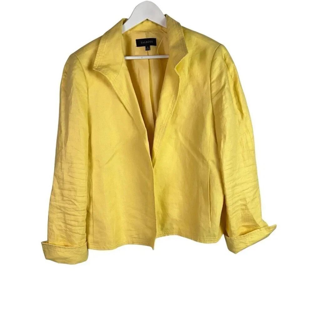 Talbots Women’s Size 16 Yellow Linen Open Front Jacket Cuffs
